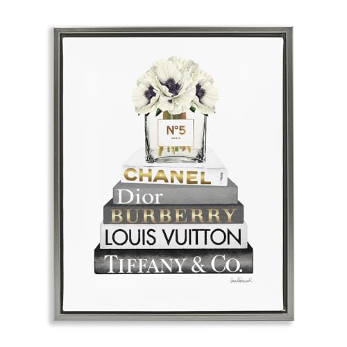 Image of 'White Poppies Grey Fashion Books'| Floating Frame Canvas Art | Stupell Industries | Gray, 25 x 31 Inches, Easy to Hang and Sturdy, Made in USA, by Amanda Greenwood