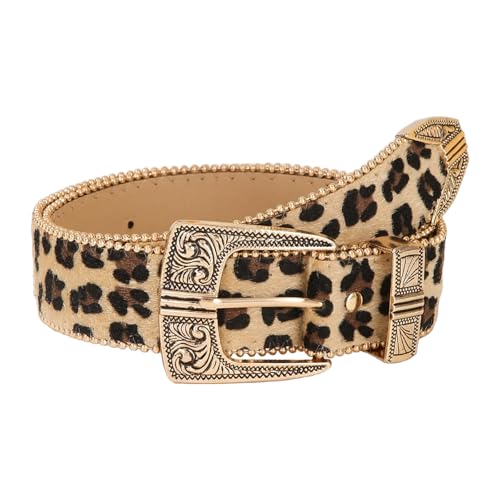 Leopard Pattern Print Belt for Women Retro Western Cowgirl Leather Belt with Square Wide Buckle Ladies Waist Belts