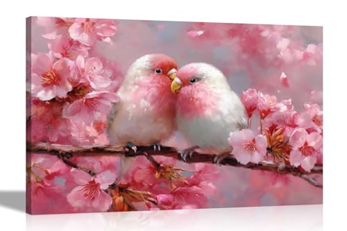 Image of Artley Prints - Cherry Blossom Tree Parrots in Love Canvas Wall Art For Home Office Conservatory Gardening Prints Ready to Hang 60 x 40cm (24 x 16 inches) A2