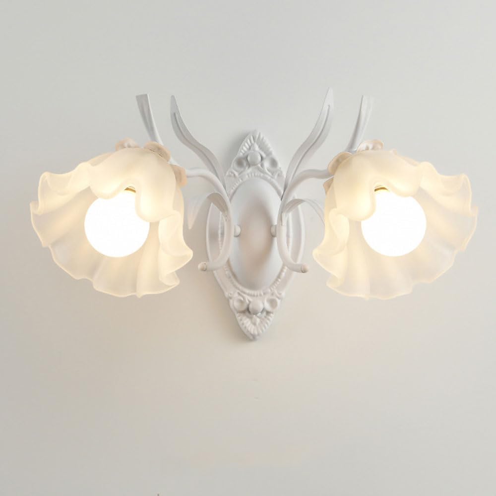 Wall Mount Light Fixture Indoor Dining Room Mid Century Wall Sconce with Flower Shape 2-Light Glass Floral Hallway Light Fixtures Wall White Bedroom Wall Light Fixture for Living Rooms