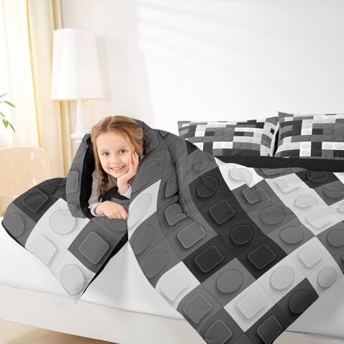 Image of Feelyou Building Blocks Games Toy Comforter Set Queen Size Kids Boys | Teens Brick Breathable Duvet Set Quilt Set Room Decor Black Grey Warm Cozy Lightweight All Season