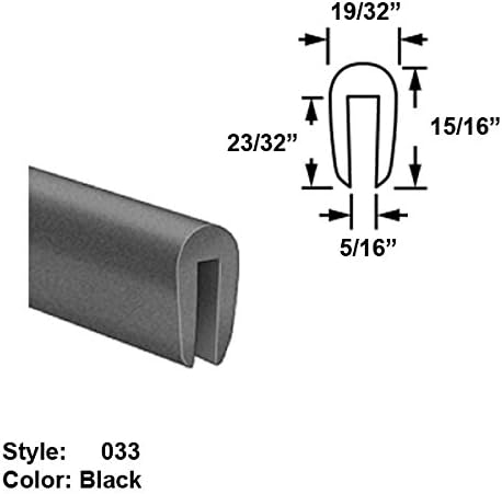 Neoprene Rubber U-Channel Push-On Trim, Style 033 - Ht. 15/16" x Wd. 19/32" - Black - 25 ft long