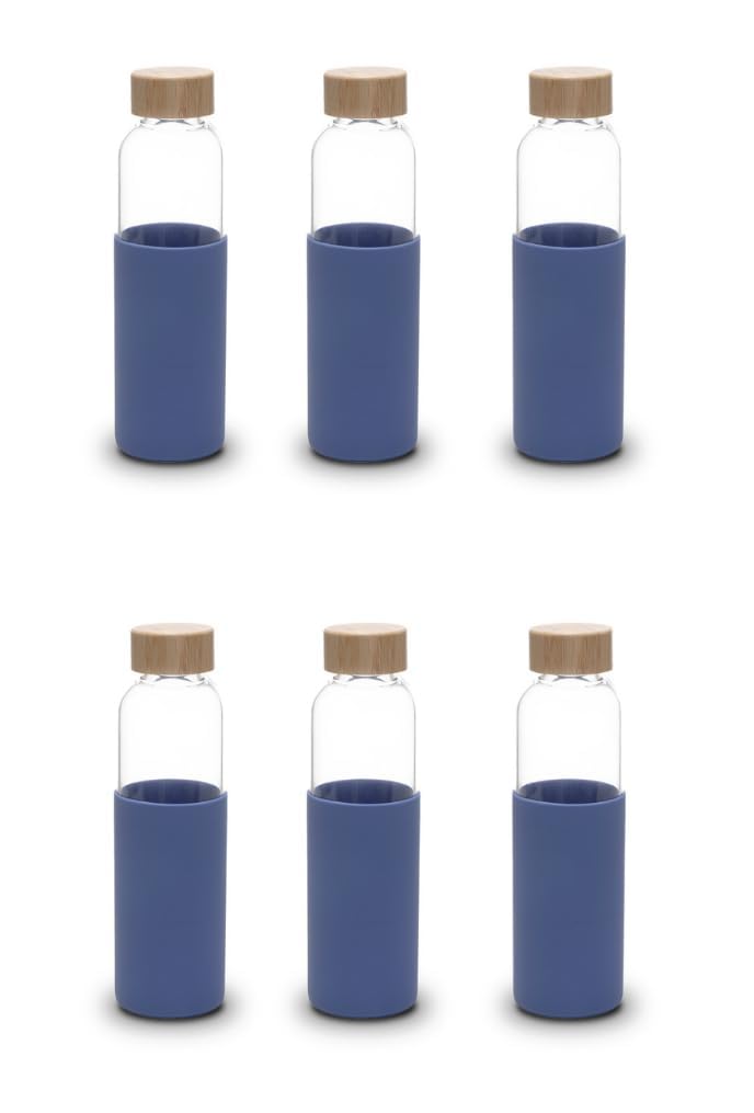 Kuber Industries Trinkflasche | Glasflasche | Ärmelschutzflasche | Bambusdeckel Wasserflasche | Reise Runde Flasche | 550ml | 6er Set | Blau