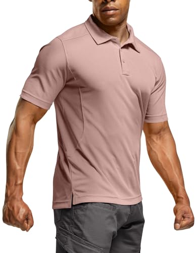 CQR Men's Quick Dry Tactical Polo Shirt, Lightweight Breathable Performance Polo, Short Sleeve UPF 50+ Outdoor Golf Shirt, Frost Ash Pink, Small