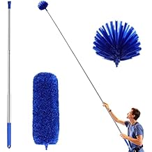 ZZ LAZYCOTTAGE Cobweb Duster with Extension Pole, Washable Cleaning Duster Kit with 2 Duster Heads, Cobweb Duster, Corner Brush, Aluminum Telescoping Pole for Ceiling Fan Blue