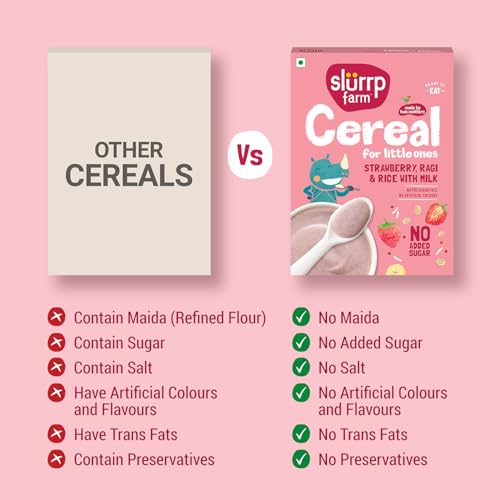 Image of Slurrp Farm Cereal, Ragi, Rice and Strawberry with Milk, Instant Healthy Food, NO Added Sugar, Mildly Sweetened with Date Powder, 200 g (Pack of 2)