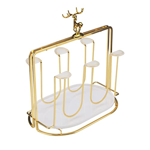 CHUNHUI Reindeer Metal Drying Rack with 6 Hooks,Cup Drying Rack Stand with Drain Tray, Metal 6 Cup Hooks Drainer Holder Tree for Mugs,Non-Slip Mugs Cups Organizer Drying Rack for Home Kitchen