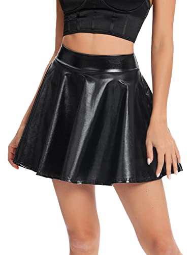 Urban Coco Women's Shiny Flared Pleated Mini Skater Skirt (S, Black) #TOP2