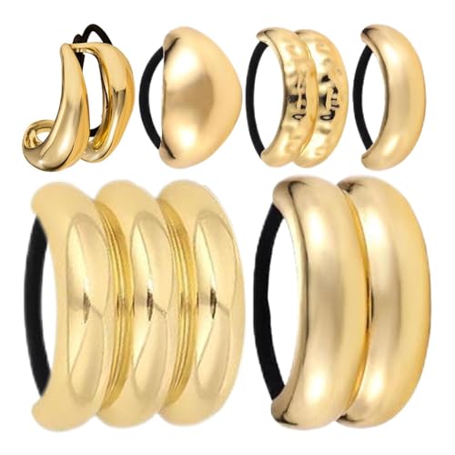Image of Hair Scrunchies with Gold Cuff, Pack of 6 Trendy Ponytail Holders, Elastic Hair Bands, for Women, Girls, Wives, Dancers, Actresses, Birthday, Holiday, Gym, Yoga
