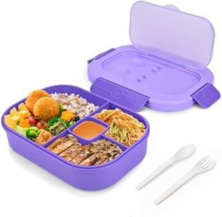 Eucomir Lunch Box,Bento Lunch Box for Adults and Kids,Bento Box with 4 Compartments,Microwave and Dishwasher Safe,BPA Free Plastic Lunch Box,Built-in Cutlery Set Spoon and Fork,Purple