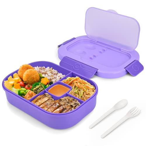 Eucomir Lunch Box,Bento Lunch Box for Adults and Kids,Bento Box with 4 Compartments,Microwave and Dishwasher Safe,BPA Free Plastic Lunch Box,Built-in Cutlery Set Spoon and Fork,Purple