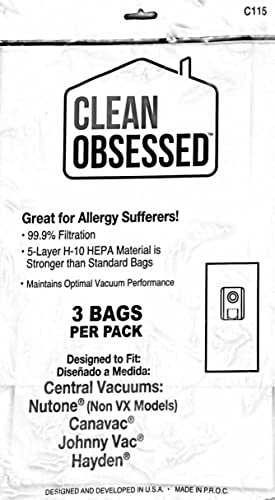 Clean Obsessed H-10 Replacement Bags For Nutone, Canavac, Johnny Vac & Hayden Central Vacuums, Includes 3 H-10 Hepa Cloth-Like Bags #TOP2