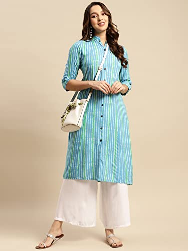 Image of rangita Women's Rayon Relaxed Fit Straight Calf Length Striped Front Slit Kurti | Kurta