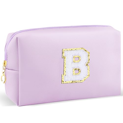 URSKYTOUS Gifts for Girls Initial Makeup Bag Personalized Cosmetic Bag with Zipper Cute Travel Toiletry Bag Waterproof PU Preppy Makeup Pouch Birthday Gift for Teen Girls Women(Purple B)