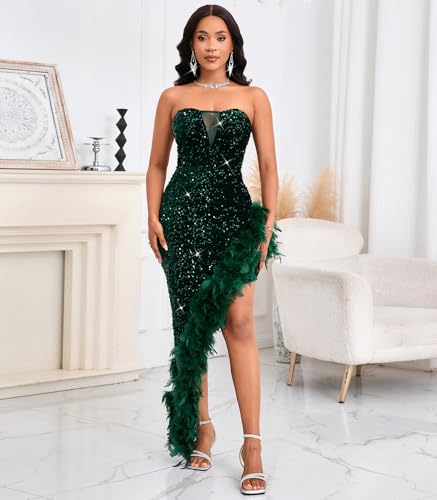 Image of dasmzper Women's Sexy Sequin Off The Shoulder V Neck Mesh See Through Dress Feather Hem Bodycon Evening Maxi Dress