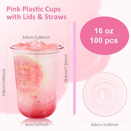 tchrules 100 Set 16oz Pink Plastic Disposable Cups with Lids and Straws by tchrules - Used condition - Image 2