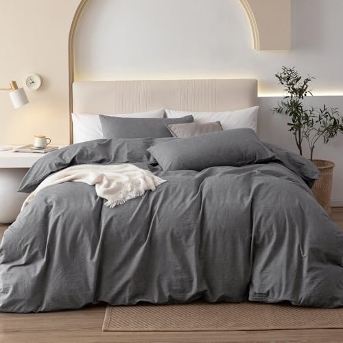 JIYUAN Queen Size Duvet Cover Set, 3-Piece - 100% Washed Cotton, Linen-Like Soft & Breathable with Zipper Closure, Includes 90x90 Inch Cover & 2 Pillowcases, Heathered Dark Grey by JIYUAN - Used condition - US$54.20