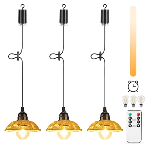 Lightsjoy Lampadario a Sospensione a Batteria, 3 Lampadario Rattan da Esterno Con Telecomando, Regolabile, Timer, IP65 Impermeabile Per gazebo Giardino Campeggio pranzo