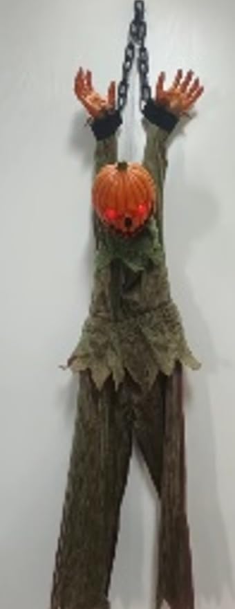 Hanging Pumpkin Head Scarecrow Halloween Decoration, Chained Zombie Figure with Glowing Eyes