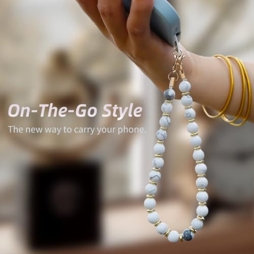 Image of Marble Beaded Phone Wrist Strap for Women, Detachable Design | 304 Steel Core, detachable phone wristlet with tether tab, keeps your phone secure for shopping, travel and daily use.