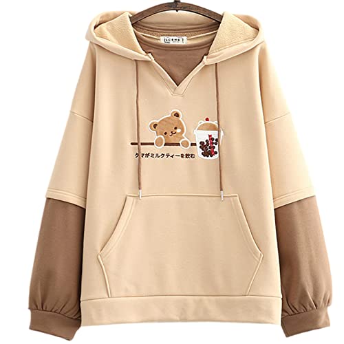 Cuteighteen Sweat à capuche à manches longues en polaire avec motif d'ours Kawaii pour adolescentes et filles, kaki, Medium – vue 4