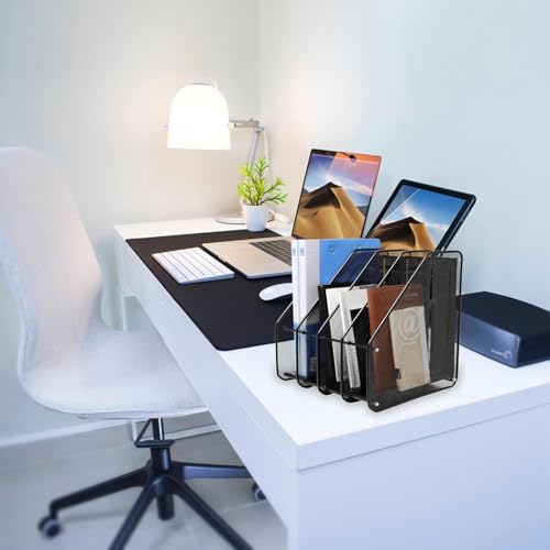 Image of 4 Layer Metal Mesh Magazine Holder, Countertop Desk File Organizer 4 Slot| Vertical File Dividers Book Holder & Cabinet Document Storage Rack (Black, Step Shelf) Pack of 1