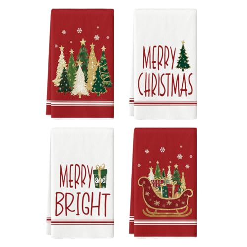 Artoid Mode Lot de 4 torchons de cuisine, 45,7 x 66 cm, motif traîneau de Noël, sapin de Noël, décoration d'hiver
