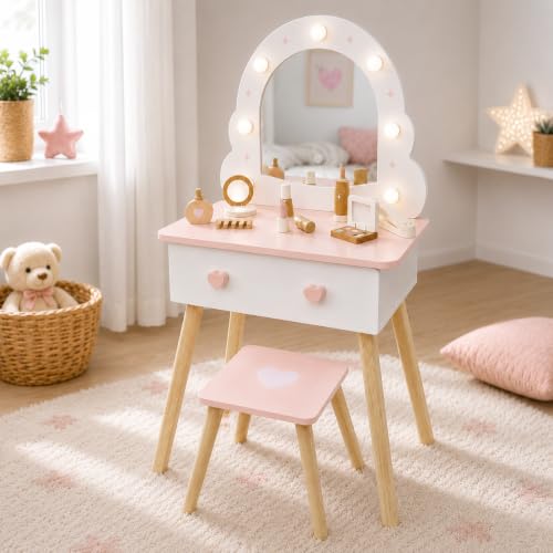 Nene Toys Tocador Infantil con Espejo Luminoso y Taburete, Desde 3 Años