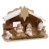 TIENDA EURASIA – Belén Infantil Navidad | 1 Bombillo LED Pequeño | Figuras de Cerámica y Base de Madera Chapada con Hierbas | Medidas 22x15 cm | Multicolor | Diseño Aleatorio | Incluye 2 Pilas LR44