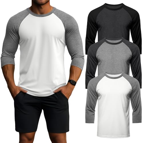 Huukeay 3 Pack Men's 3/4 Sleeve Shirts Crew Neck Baseball T Shirts Moisture Wicking Athletic Tops(Dark Grey/Black, Light Grey/Dark Grey, White/Light Grey,Medium)