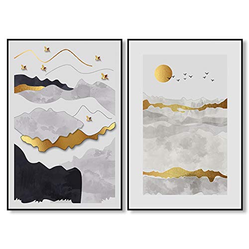 Toile peinture abstraite montagne et soleil or 70x100cm duo de tableaux scandinaves sans cadre