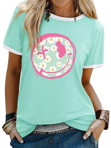 WIEIYM Damen-T-Shirts, Rundhalsausschnitt, kurzärmelig, lässig, Sommer, Tops, Smiley-Gesicht, bedruckte T-Shirts, Bluse, S-XXL, L