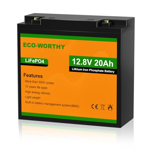 ECO-WORTHY 12V 20Ah Lithium Battery, 3000+ Deep Cycle Rechargeable LiFePO4 Lithium Ion Phosphate Battery with BMS for Trolling Motor, Fish finder, Kids Scooters, Power Wheels, Outdoor Campin