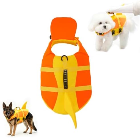 Shark Dog Life Jacket with Chin Float, High Buoyancy Dog Life Vest with Head Support & Rescue Handle, Adjustable Reflective Puppy Swimming Vest for Small Medium Large Dogs (Yellow,X-Small)