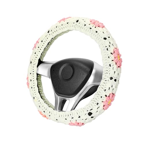14-15 Crochet Steering Wheel Cover Set Vintage Handmade Daisy Granny Square Seat Belt Cover Boho Car Interior Accessories Decoration for Women HZYZW (HZYZW43 A Wheel Cover)
