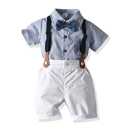 Baby Boys Gentleman Outfits Suits, Infant Short Sleeve Shirt+Pants+Tie Clothes Set for Wedding and Party,12-18M Blue