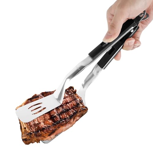 Grill Clamp Spatula, 11.6 Inch Long Stainless Steel Extended Handle Spatula Tongs Anti-Scald Food Flipping Cooking Tongs Spatula for Steak Pancakes Barbecue Burgers Pizza BBQ (Black)