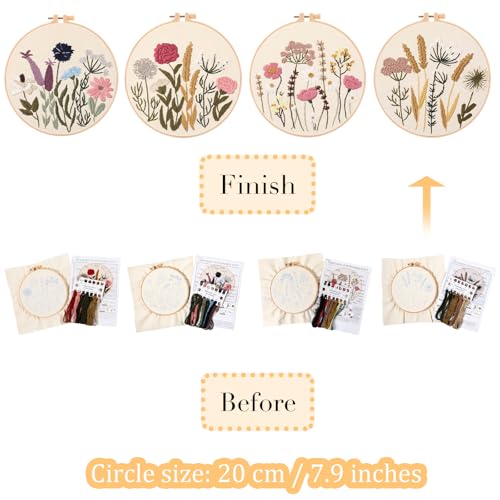 Image of 4 Sets Embroidery Kit for Beginners with Instructions Adults-Cross Stitch Kits for Beginner, Including Printed Embroidery Cloth with flower Patterns, Plastic Embroidery Rings, Colored Threads, Needles