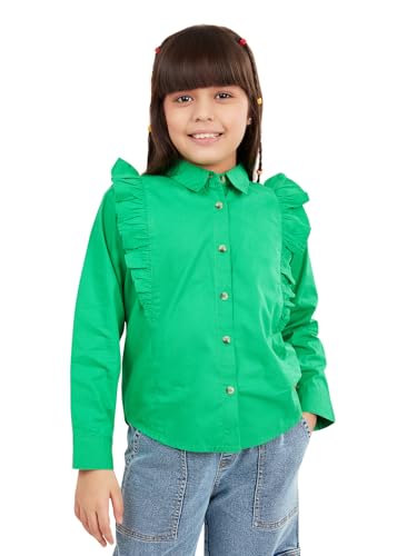 Image of olele Girls Full Sleeve Ruffles Cotton Linen Shirt - White for 4 to 14 Years | Kids Girl White Shirt | White Ruffle Shirt for Girls | Shirt Jeans