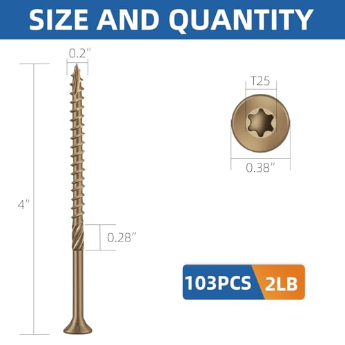 Image of #10 x 4 Heavy-Duty Deck Screws - Bronze Long Outdoor Wood Screws, Torx Drive with T25 Bit, Rust Resistant for Wood Decking and Fence (2lb,103Pcs)