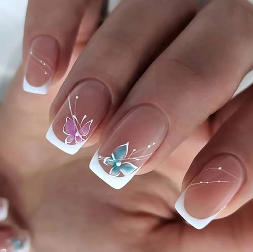 Generic White French Tip Press On Nails Medium Long Fake Nails Colorful Butterfly Spring Summer Designs Artificial Square Shaped Pink Full Cover False Nails Glue On Nails For Women Girls Acrylic Nails 24Pcs cover