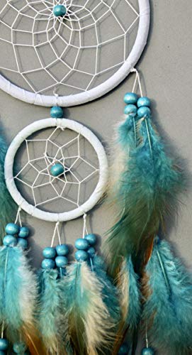 Tooglbox Handmade Native American Indian Dream Catcher [Blue] With Real Feathers & Wood Beads,For Kids, Bedroom, Wall Hanging Decor Craft, Two Circles 4.3" And 2.3"; Length 22"-23.6" (Blue) #TOP2