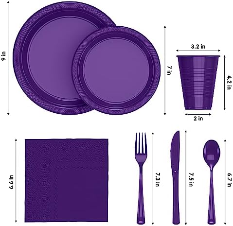350 Pcs Purple Plastic Plates for Party, Purple Disposable Plates Set, 50 of Each 9" Dinner Plate Set, 7" Dessert Plate, Cups, Napkins & Cutlery Plastic Dinnerware Set Exquisite