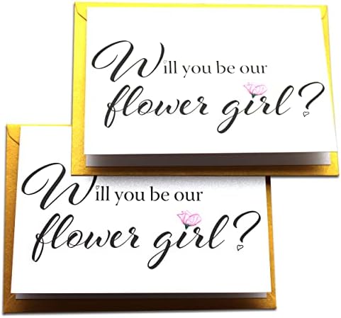 Will You Be Our Flower Girl Invitation, Cute and Sweet Wedding Flower Girl Proposal Card with Beautiful Designer Golden Shimmer Envelope (Set of 2 cards)