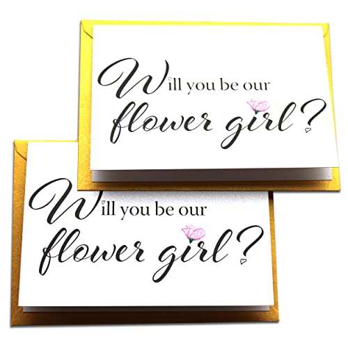 Will You Be Our Flower Girl Invitation, Cute And Sweet Wedding Flower Girl Proposal Card With Beautiful Designer Golden Shimmer Envelope (Set Of 2 Cards) #TOP3