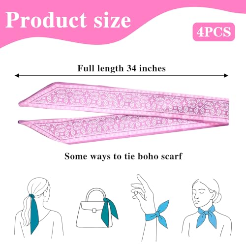 Fashion Scarves for Women 4 PCS Head Scarf Hair Neck Scarves Silky Long Thin Satin Scarfs Silk Neck Scarf Printed Scarfs Head Bandanas for Bag Hair Accessories Fashion Gifts2