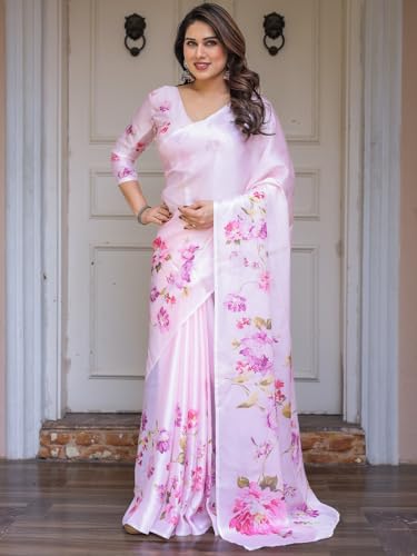 Image of ALMAARI FASHION Women's Floral Printed Georgette Satin Saree with Unstitched Blouse Piece | Traditional Ethnic Wear Sarees | Soft Lightweight Ethnic Office Wear Daily Wear Indian Sari (SG 181-190 F)