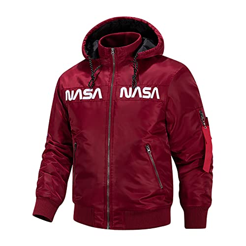 Image of CORIRESHA Winter Men's NASA Bomber Jacket Stand-Up Collar Hooded Thickened Embroidered Zipper-Up Jacket