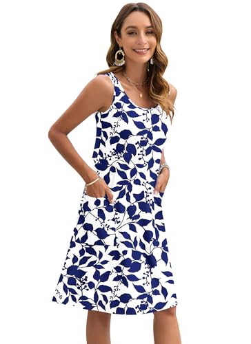Auselily Summer Dresses Women Uk Sleeveless Knee Length Women Casual Beach Dresses Light Swing Tank Dress With Pockets Navy Blue Leaves Xl - 3