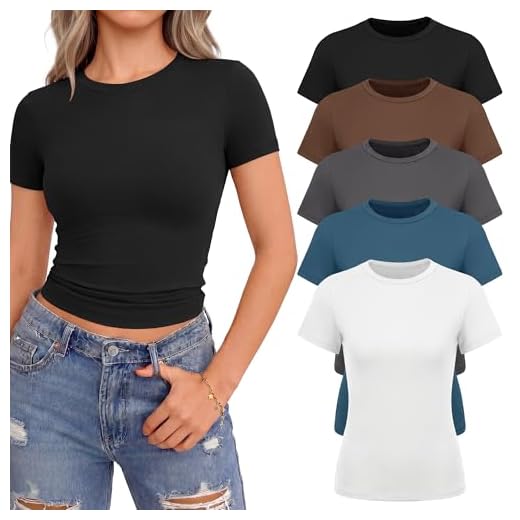 NexiEpoch 5 Pack T Shirts for Women - Crew Neck Short Sleeve Crop Tops Plain Casual Basic Tees Fitted Clothes Cute Y2K Outfit